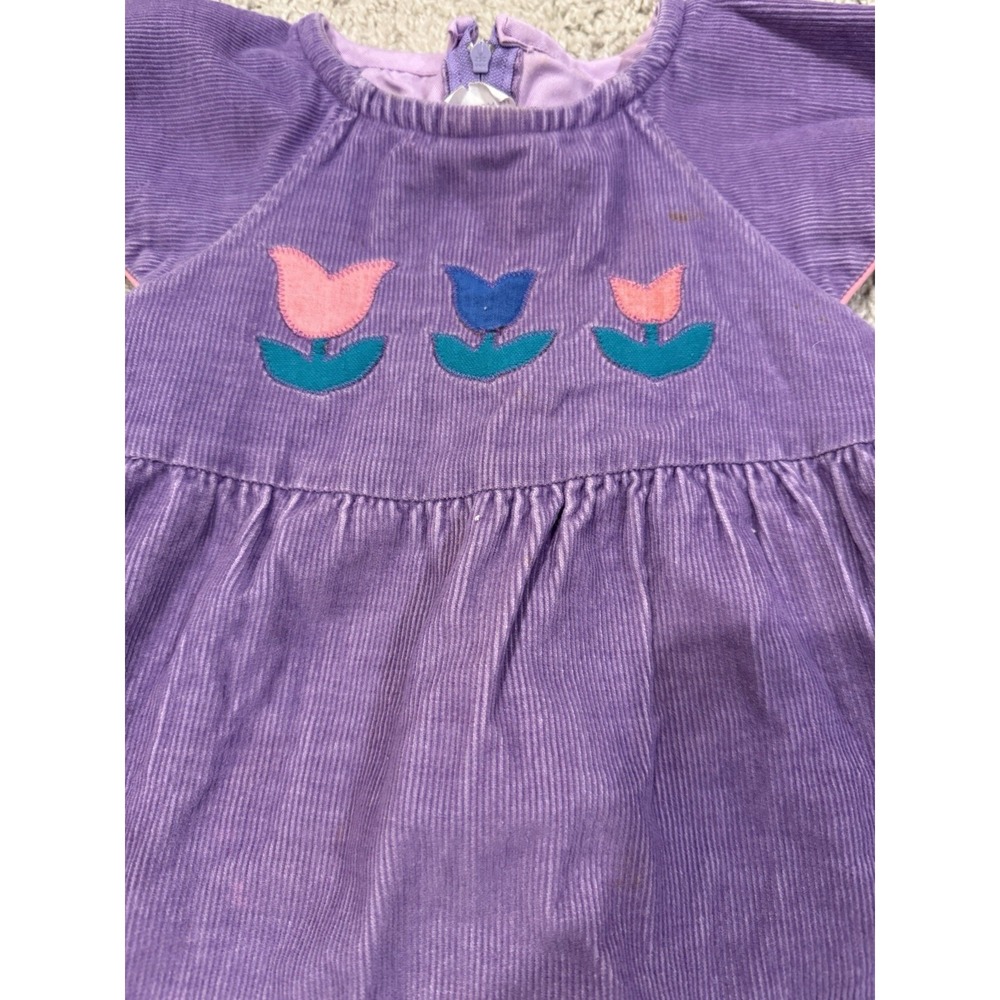 Vintage Corduroy Purple Toddler Jumper Dress With Tulip Flower Applique 3T - Picture 3 of 8